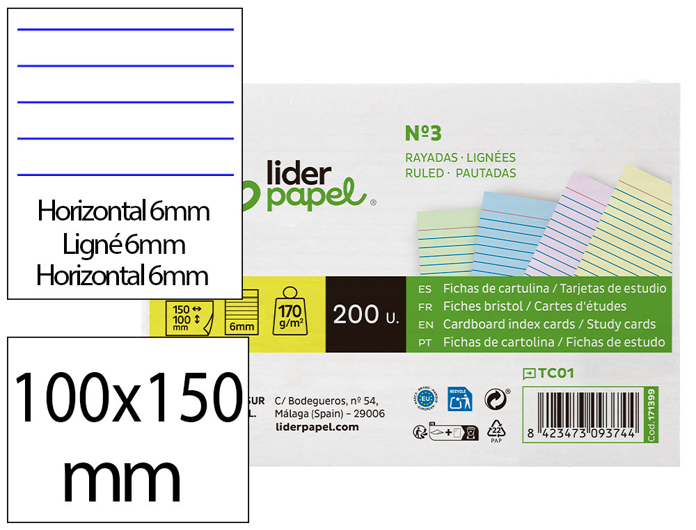 TARJETA LIDERPAPEL PARA ESTUDIAR RAYADA CARTULINA DE COLORES 170 GR/M2 100X150MM PAQUETE DE 200 UNIDADES