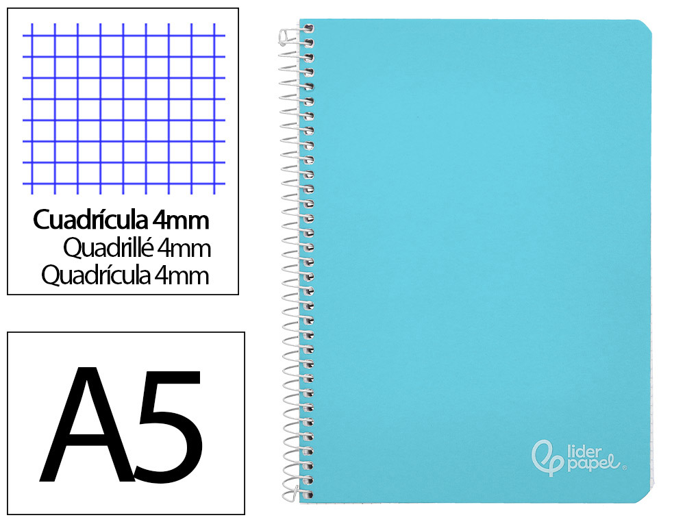 CUADERNO ESPIRAL LIDERPAPEL DIN A5 WITTY TAPA DURA 80H 90GR CUADRO 4MM CON MARGEN COLOR AZUL