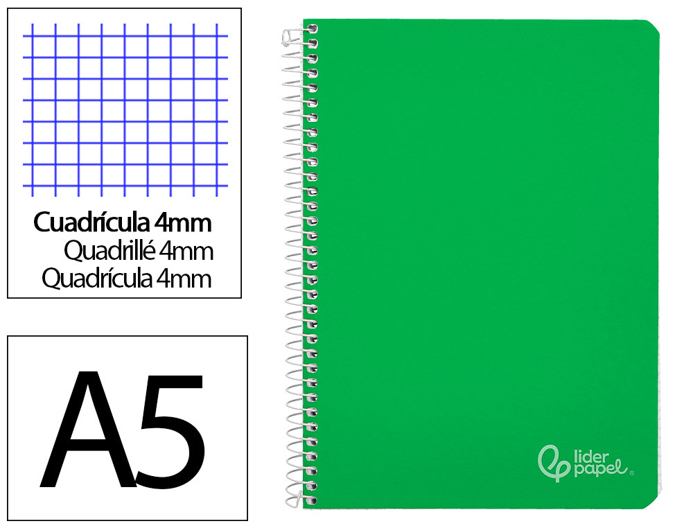 CUADERNO ESPIRAL LIDERPAPEL DIN A5 WITTY TAPA DURA 80H 90GR CUADRO 4MM CON MARGEN COLOR VERDE