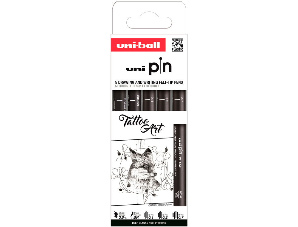 ROTULADOR UNIBALL PIN TATTOO ART COLOR NEGRO BLISTER DE 5 UNIDADES